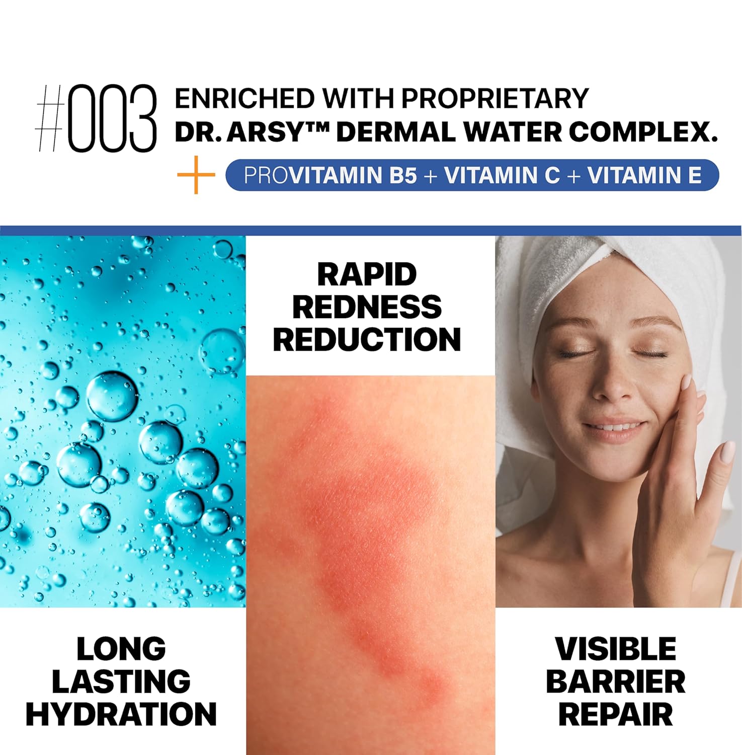 Dr. Arsy's skincare product for sensitive & eczema-prone skin hydration barrier repair of water droplets, redness on skin, and a woman touching her face.